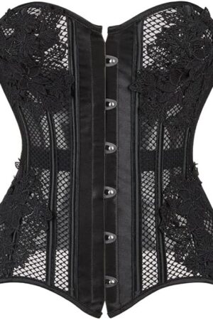 Black Women's Breathable Corset Top - Sexy See Through Mesh - Satin Overbust Lace Up - Waist Trainer for Women