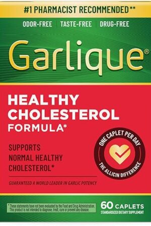 Garlique Garlic Extract Supplement, Healthy Cholesterol Formula, Odorless & Vegan, 60 Caplets