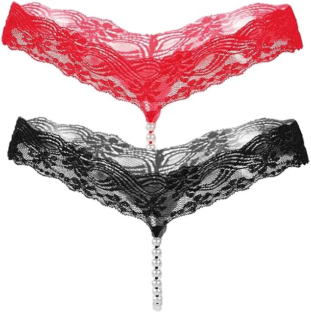 2 Pack Womens Pearls Mini Bikini G-String Thongs Peral Chain String Cute Lingerie T Pants Lace Thongs M-XXL