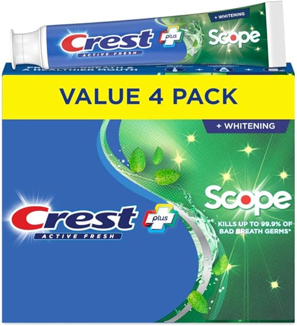 Crest Whitening Plus Scope, Complete Active Fresh + Whitening Toothpaste, 55oz, Toothpaste Sensitive Teeth, Pack of 4