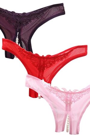 3 Pack Women Sexy Underwear Lace Open Cut Pearl Massage Hollow Low Waist Triangle G String Pants Lace Thong
