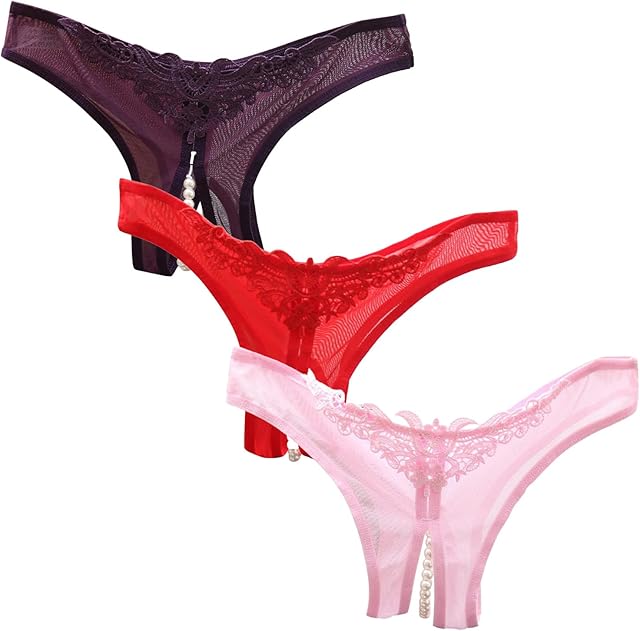 3 Pack Women Sexy Underwear Lace Open Cut Pearl Massage Hollow Low Waist Triangle G String Pants Lace Thong