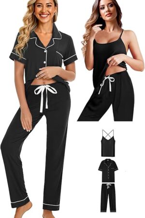 Womens 3Pcs Soft Pajama Sets Sexy Camisole Lingerie XS-4XL Knit Pajamas Set Sleepwear Pjs Nightwear- Size: Large