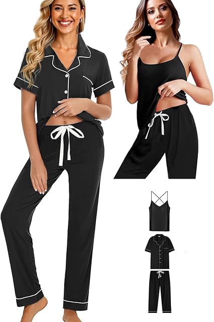 Womens 3Pcs Soft Pajama Sets Sexy Camisole Lingerie XS-4XL Knit Pajamas Set Sleepwear Pjs Nightwear- Size: Large