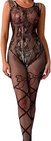 Women's Lace Mesh Lingerie Mini Dress Badydoll Fishnet Tights Suspenders Striped Hollow-Out Dress Bodystocking