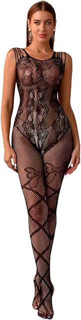 Women's Lace Mesh Lingerie Mini Dress Badydoll Fishnet Tights Suspenders Striped Hollow-Out Dress Bodystocking