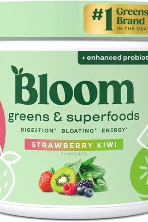 Bloom Nutrition Greens and Superfoods Powder for Digestive Health, Greens Powder, Digestive Enzymes, Probiotics, Spirulina, Chlorella for Bloating & Gut Support, Green Juice, 30 SVG, Strawberry Kiwi