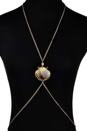 Body Chain Layered Sexy Gold Tassels Shell Pearl Necklace Fashion Jewelry Belly Waist Bra Hot Bikini Beach Harness Anniversary Festival Gift for Women Lady