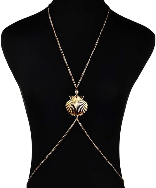 Body Chain Layered Sexy Gold Tassels Shell Pearl Necklace Fashion Jewelry Belly Waist Bra Hot Bikini Beach Harness Anniversary Festival Gift for Women Lady