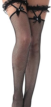 Women's Lace Top Fishnet Thigh High Stockings with Ruffles Sexy Stay Up Fishnet Tights for Women Nylon Pantyhose
