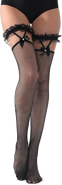 Women's Lace Top Fishnet Thigh High Stockings with Ruffles Sexy Stay Up Fishnet Tights for Women Nylon Pantyhose