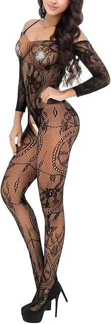 Women's Lingerie Fishnet Bodystocking Glitter Crystal Tight High Sexy Mesh Full Body Stockings Babydoll Teddy Off The Shoulder Long Sleeve Bodysuits