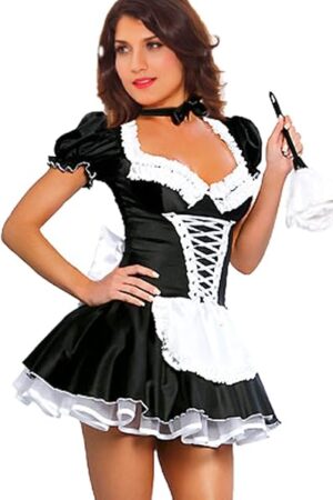 Women's French Maid Costume Sexy Black Satin Halloween Fancy Dress S-5XL