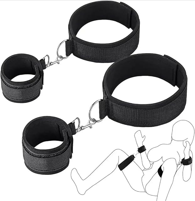 Generic Soft Padded, Sex Bondage Gear Accessories Thigh and Wrist Cuffs BDSM Restraint Set, for Couple with Adjustable Straps, Adult Sex Toy SM Game Play., Black