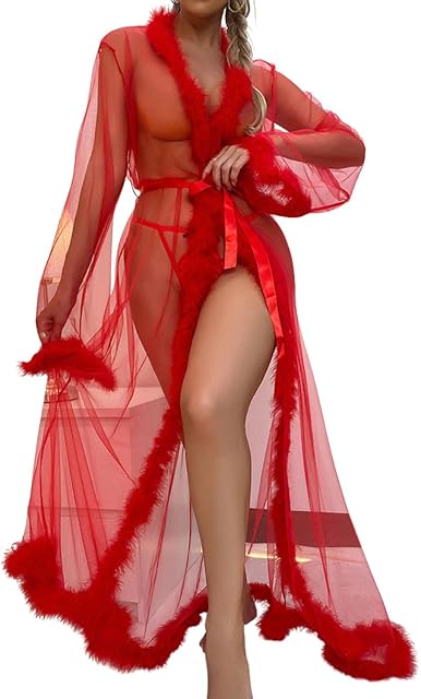 Women Sexy Feather Lace Robe Long Sheer Gown Mesh Lingerie Kimono Tulle Bridal Bathrobe Nightgown Swimsuit Cover Up
