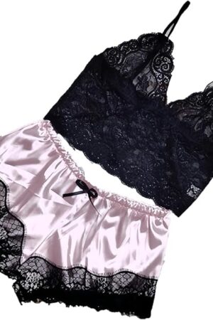 Women Pajamas Set Cami Sleepwear Lingerie V Neck Soft PJS Set with Shorts Nightwear Comfortable Loungewear A6