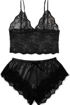 Womens Sexy Sheer Floral Lace Pajamas Lingerie Set Sleepwear Cami Top Bra and Panty 2 Piece Nightwear Pjs Lounge Sets