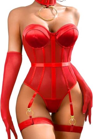 Exotic Strappy Garter Lingerie Set,Sheer Mesh Underwire Sexy Corset Lingeries Women,One Piece Strapless Bodysuit