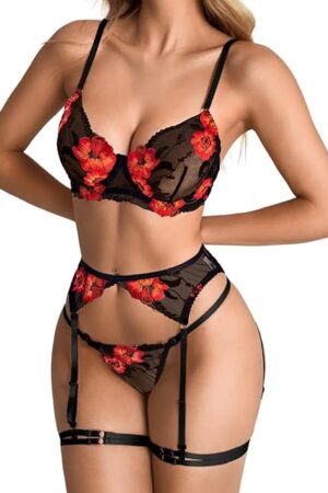 4 Piece Lingerie Sets For Women Sexy, Floral Embroidered Sheer Mesh, Underwire Exotic Garter Belt Boudoir Valentines
