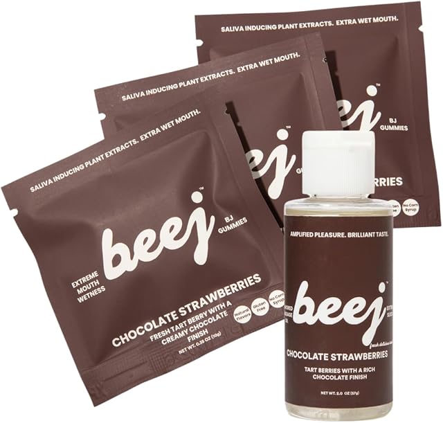 BEEJ Bundle: BJ Gummies, Oral Sex Gummies for a Watering Mouth. BJ Oil, Flavored Massage Oil for Couples. 4 Item Gift Set.(Chocolate Strawberries)