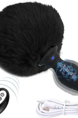 Bunny Tail Butt Plug Vibrator with Remote Silicone Anal Plug Black Faux Fur Tail Plug Rechargeable Vibrating Buttplug Role Play Cosplay Sex Games for Couples Anus Rabbit's Tail Adult Sex Toys