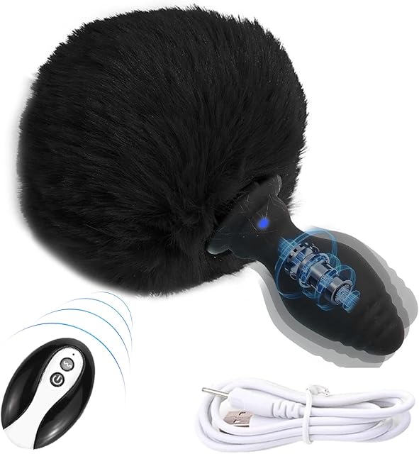 Bunny Tail Butt Plug Vibrator with Remote Silicone Anal Plug Black Faux Fur Tail Plug Rechargeable Vibrating Buttplug Role Play Cosplay Sex Games for Couples Anus Rabbit's Tail Adult Sex Toys