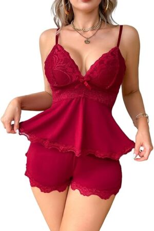 Womens Lingerie Set Pjs and Panty Set Camisole Sets Modal Floral Fabric Lace Sleep Sets Sexy Sweetness Sleepwear