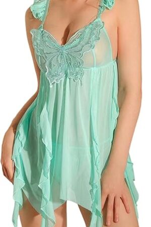 Women's 2 Piece Lingerie Set Butterfly Sheer Ruffle Chemise and Thong Boudoir Outfits