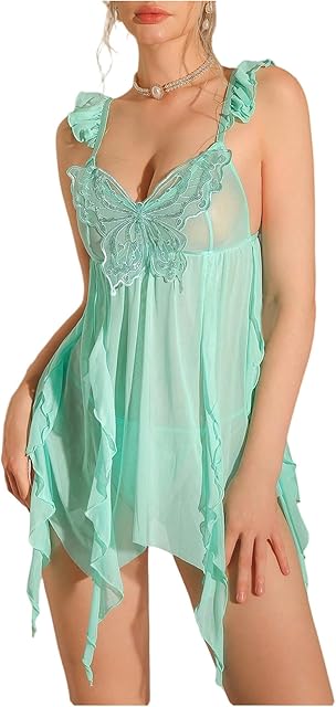 Women's 2 Piece Lingerie Set Butterfly Sheer Ruffle Chemise and Thong Boudoir Outfits