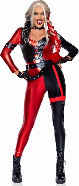Leg Avenue Women's 2 Pc Chaos Cutie Costume includes Two-Tone Zip Up Catsuit with Buckle Detail & Belt, Attached Garter