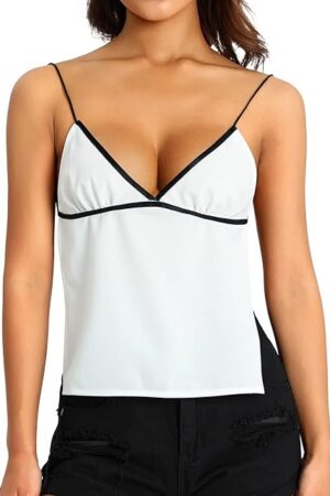 Women Sexy Backless Camisole Cute Tie Up Spaghetti Strap Crop Top Summer Deep V Neck Top Y2K Vintage Streetwear