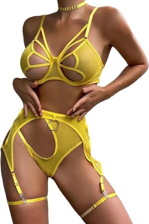 Women Sexy Lingerie Set Lace Mesh See-through Butterfly Cutout Teddy Babydoll, S-XL