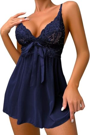 Women Lingerie Sexy Chemise Nightgown Lace Babydoll Full Slip Dress Sleepwear Deep V Neck Sheer Nightdress Chemise