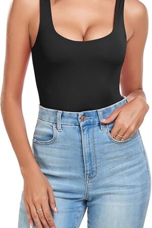 Bodysuit for Women Sleeveless Square U Neck Tank Tops Sexy Backless Slimming Outfit with Snap Closure