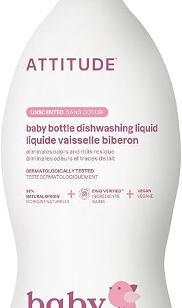 ATTITUDE Baby Dish Soap and Bottle Cleaner, EWG Verified Dishwashing Liquid, No Added Dyes or Fragrances, Tough on Milk Residue and Grease, Vegan, Unscented, 237 Fl Oz
