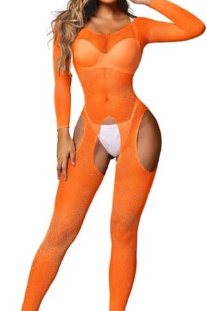 Fishnet Bodysuit For Women Fit 0-18, Sexy Long Sleeve Bodystocking, Plus Size Exotic Sheer Lingerie Glow Rave Outfit