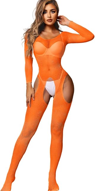 Fishnet Bodysuit For Women Fit 0-18, Sexy Long Sleeve Bodystocking, Plus Size Exotic Sheer Lingerie Glow Rave Outfit