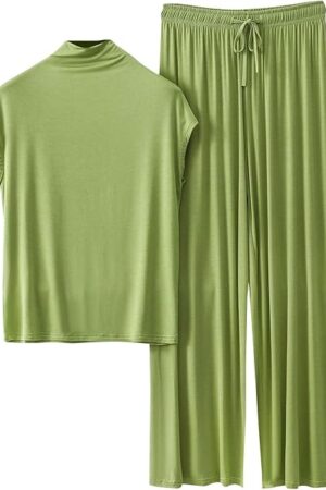 Women's Pajama Set Mock Neck Cap Sleeve Tops and Wide Leg Pants 2 Piece Pajama Summer Casual Comfy Pjs Homewear