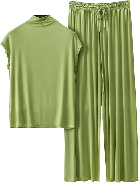 Women's Pajama Set Mock Neck Cap Sleeve Tops and Wide Leg Pants 2 Piece Pajama Summer Casual Comfy Pjs Homewear