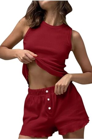Womens Ribbed Tank Top and Shorts Set Two Piece Summer Outfits Sleeveless Sleep Cami Pj Loungewear Pajamas Set