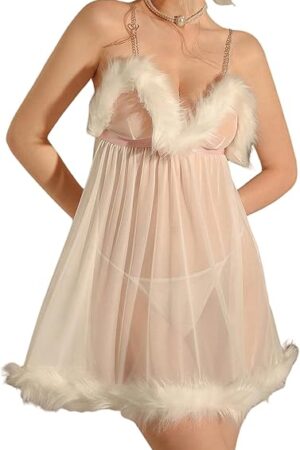 Women's 2 Piece Lingerie Set Fuzzy Mesh Sheer A Line Nightgown and Thongs Sets