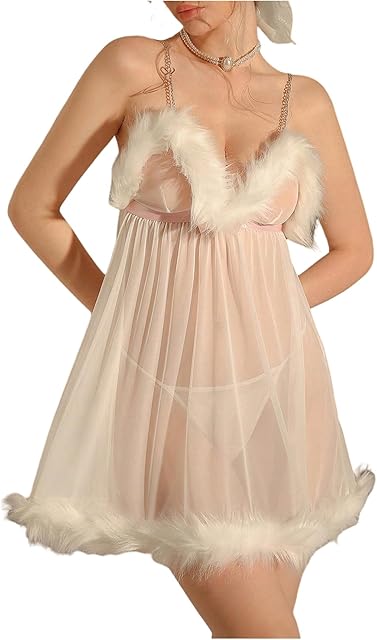 Women's 2 Piece Lingerie Set Fuzzy Mesh Sheer A Line Nightgown and Thongs Sets