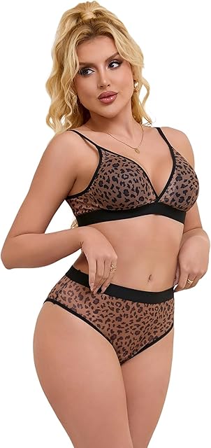 Women's 2 Piece Leopard Print Lingerie Sets Sexy 2 Piece Bra and Low Rise Panty Sets Underwear S-XXL