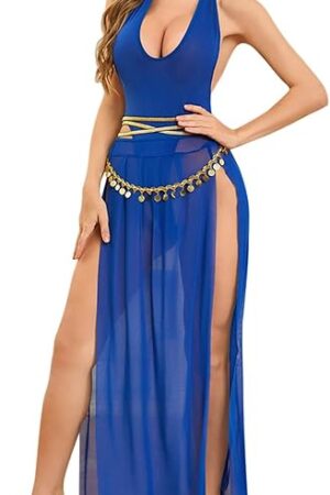 4PC Sexy Lingerie Sets for Women Rave Outfits (Halter Bodysuits + Sheer Coverup Skirt + Necklace + Chain Waist Belt)