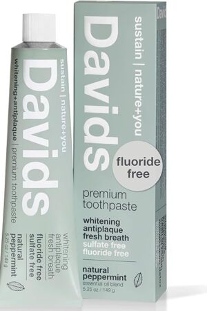 Davids Fluoride Free Toothpaste, Teeth Whitening, Antiplaque, SLS (Sulfate) Free, Promotes Enamel Health, Mouth & Gum Detox, EWG Verified, Peppermint, 525oz