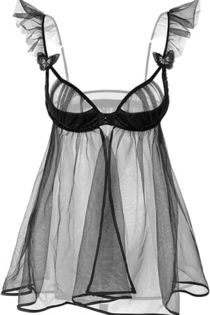 Women Babydoll Lingerie Front Closure Lace Chemise Nightgown Dress V Neck Sheer Mesh Nightwear Wedding Nightie
