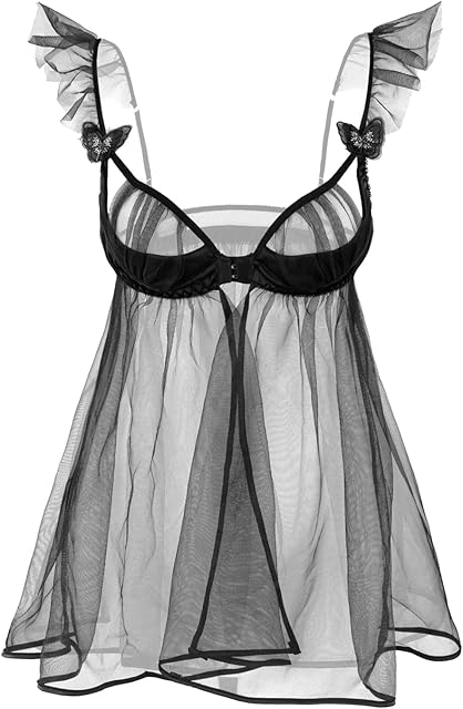 Women Babydoll Lingerie Front Closure Lace Chemise Nightgown Dress V Neck Sheer Mesh Nightwear Wedding Nightie