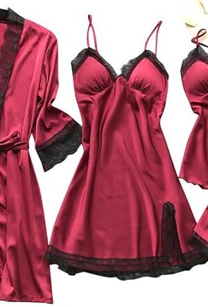 Women's 4 Piece Sleepwear Silk Satin Pajama Set Lace Trim Cami Top Nightdress Shorts and Robe Set Sexy Cute Stain Pjs