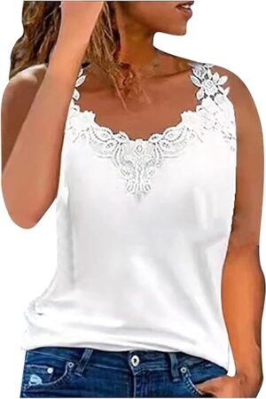 Women's Sleeveless Blouse Lace Trim Tank Tops V Neck Dressy Casual Summer Camisole 2025 Trendy Cami Tees Shirts