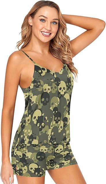 Green Camouflage Skull Pajama Set for Women Sexy Lingerie Satin Sleepwear Cami Shorts Nightgowns